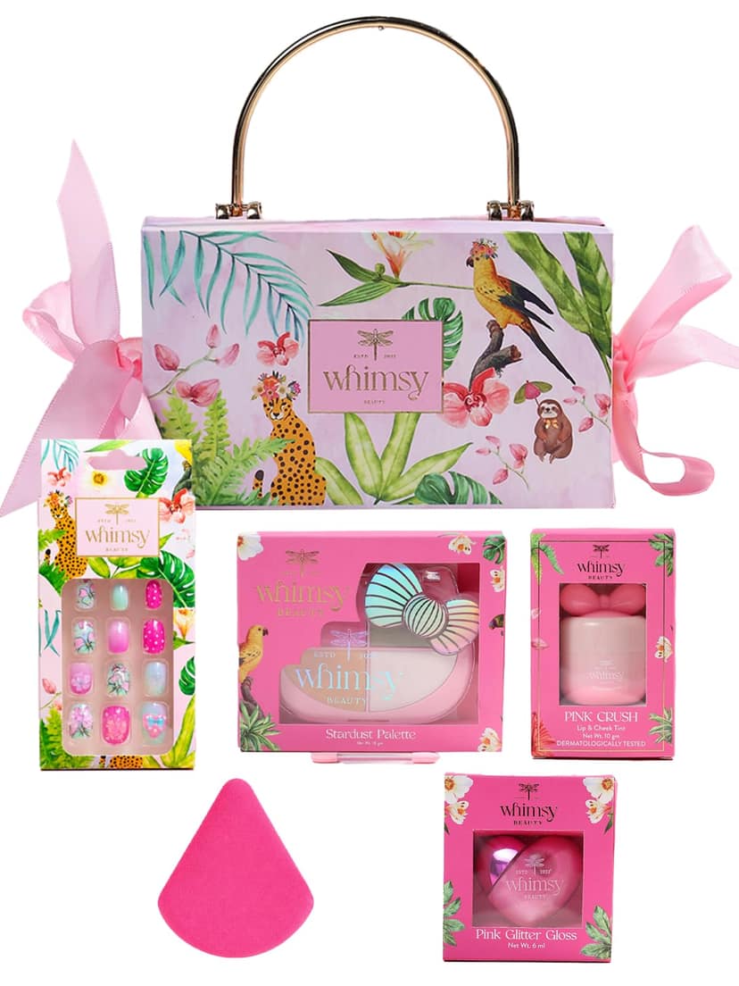 Whimsy Beauty Love Vanity Beauty Kit | Non Toxic Beauty Set for Kids & Pre-Teens | Eyeshadow Palette, Eyeliner, Lip Tint, Lip Gloss, Press-On Nails, Nail Stickers, Brushes & Puff Blender (Pack of 11) Whimsy Beauty Love Vanity Beauty Kit | Non Toxic Beaut