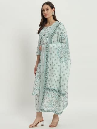 Gulmira - House Of Luxury Gumira Light Green Floral Printed Yoke Design Mirror Work Pure Cotton Kurta with Trousers & Printed Dupatta.