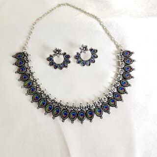 Elegant Stylish Peacock Color Design Oxidized Silver Tone Necklace and Earrings Set For women