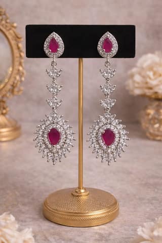 ✨Elegant Silver Plated Ruby Pink Stone & CZ Long Dangler Earrings ✨