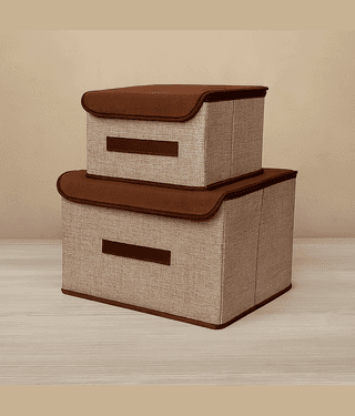 Waji Va Set of 2 Non Woven Foldable Space Saver Storage Box Wardrobe Closet Organizer Stackable Basket Bins with Lid and Handle for Clothes Toys Books Beige and Brown