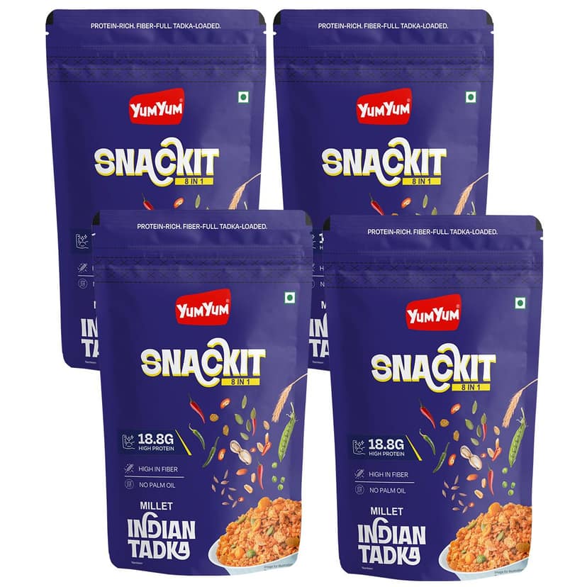 YUM YUM Snackit 8-India-1 Pack of 4 Millet High Protein Indian Tadka Namkeen - 4 x 80g