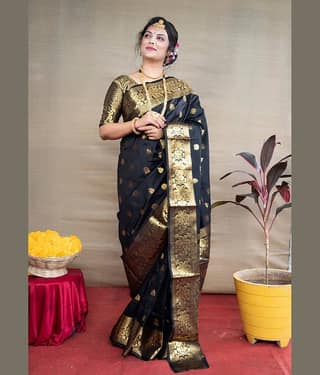 GARIYA Art Silk Embellished Saree With Unstitched Blouse Piece ( Black )