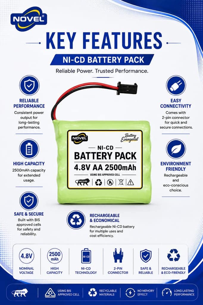 NOVEL 4.8V AA 2500mAh NI-CD Rechargeable Battery SM PIN view 2