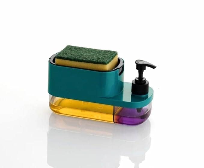 Soap Pump Dispenser for Kitchen and Bathroom, Dish Soap Liquid Dispenser Sponge Holder with Sponge Holder (Multi-Colour) (Plastic)