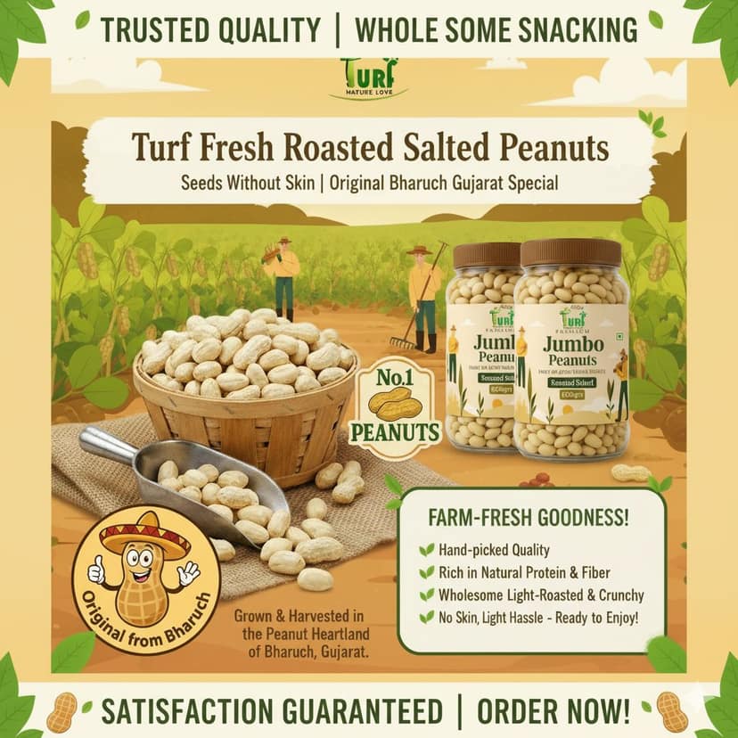 TURF FRESH - Jumbo Roasted Salted Peanuts | Bharuch Gujarat Special Mungfali Dana Namkeen | Grade A Premium Peanut Seeds Without Skin | Healthy Snack & Chakna view 2