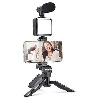 VLOGGING KIT for Video Making with MIC Mini Tripod Stand LED Light Phone Holder Clip for Making Videos