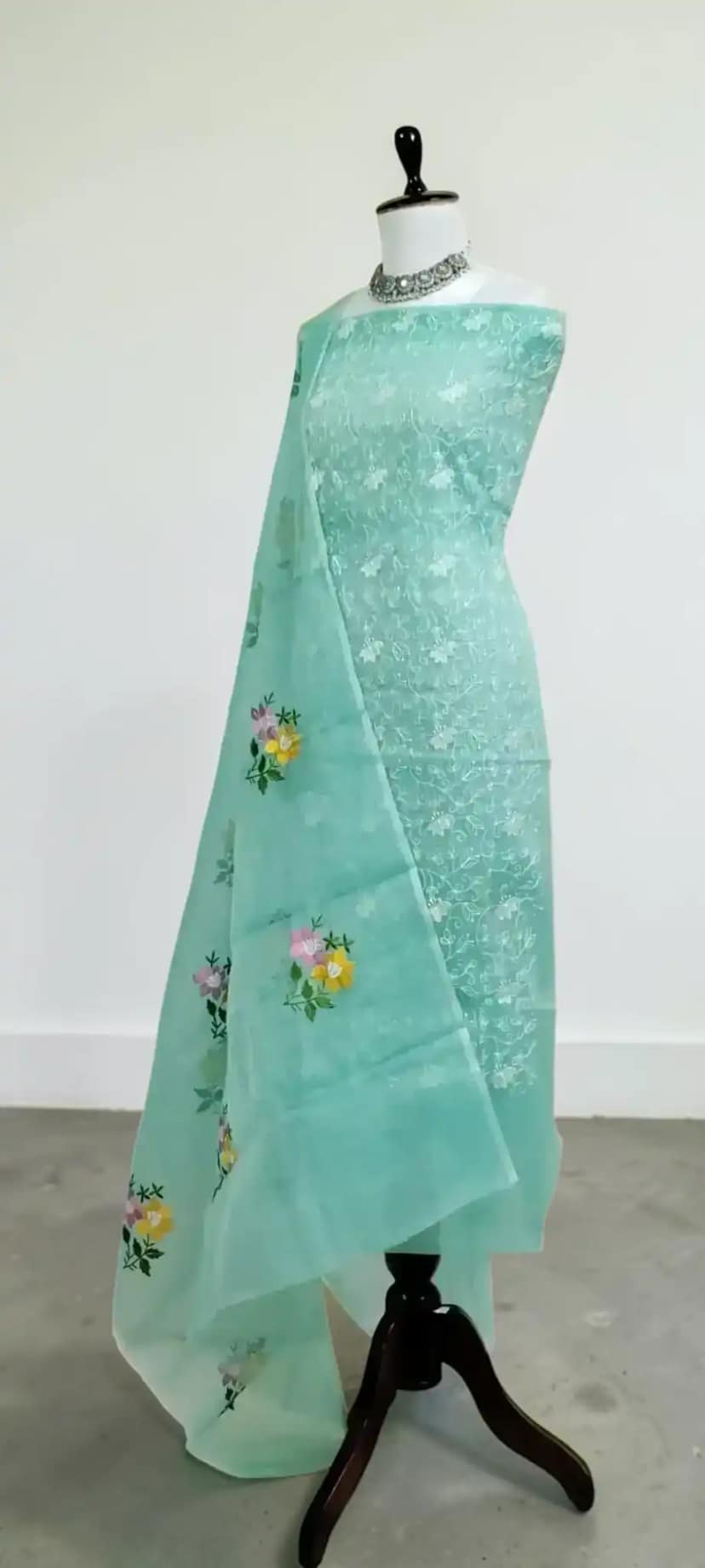 Handwoven Kota Doria Dress Material, Teal Green with Floral Gota Patti view 2