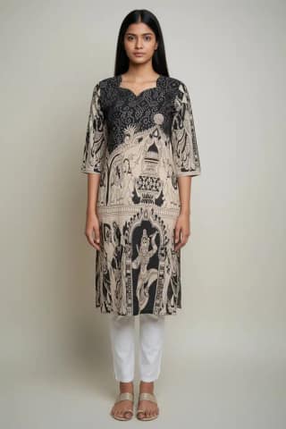 Kalamkari Print Cotton Kurti Black Cream