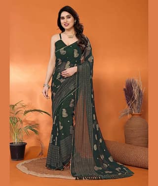 VEDANT VASTRAM Georgette Self Design Saree With Unstitched Blouse Piece ( Green )