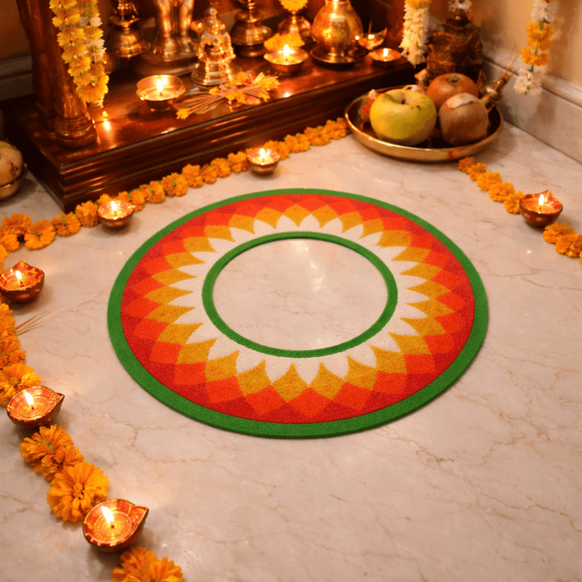 Madhura’s Creations Round Circular Rangoli Patch on Plastic Sheet | Multicolour Traditional Design | Real Rangoli Colours | Reusable | Single Piece view 2