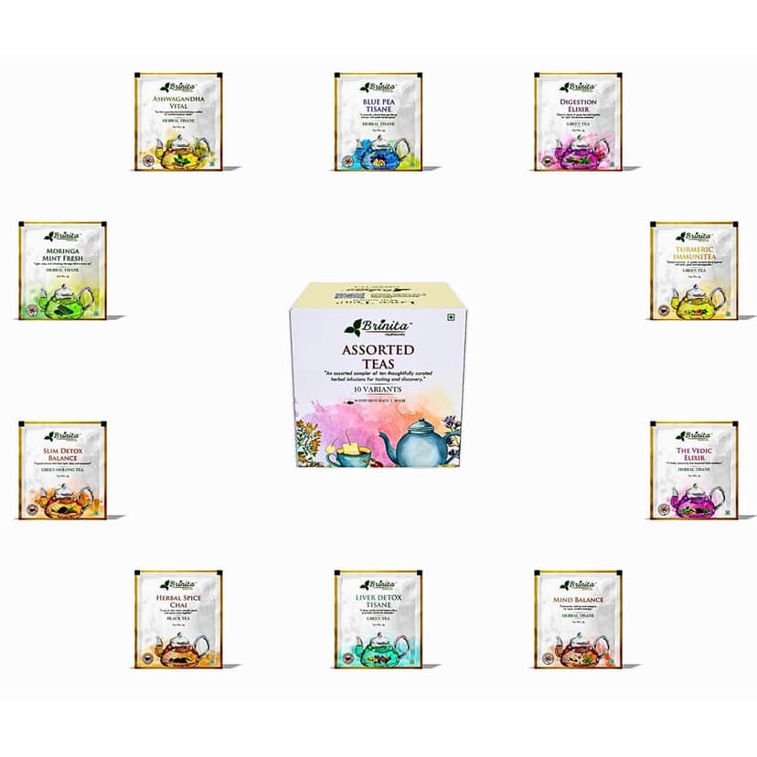 Brinita Assorted Herbal Tea Box | 10 Variants x 1 Sachet | Ayurvedic Hand-Blended Herbal Teas | Ashwagandha, Moringa, Turmeric, Blue Pea, Slim Detox & More | No Artificial Flavours, No Added Sugar | Gift Set view 2