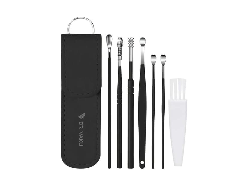 Dr Vaku Reusable EarWax Removal Cleaning Tool Kit (Set of 7) Stainless Steel With Storage Case - Black