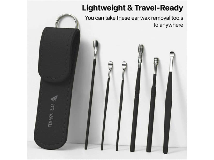 Dr Vaku Reusable EarWax Removal Cleaning Tool Kit (Set of 7) Stainless Steel With Storage Case - Black view 2