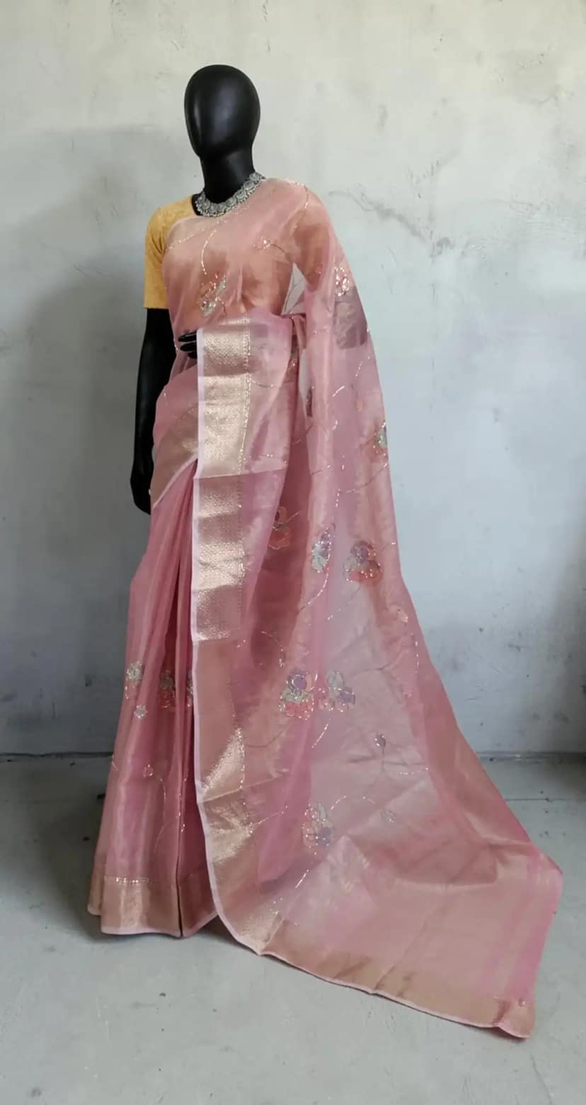 Handwoven Kota Doria Saree in Onion Pink with Block Print and Zari Border view 2