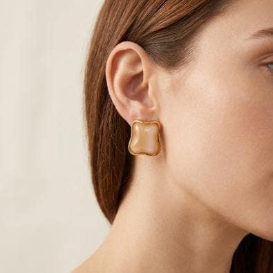 Ripple Frame Stone Studs - Golden Ivory | Gold-Tone Anti-Tarnish Imitation Jewellery view 2