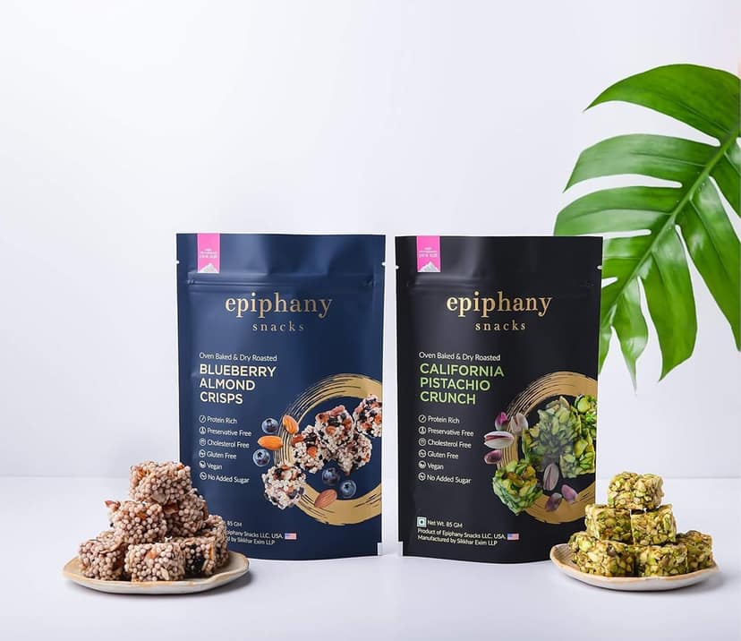 EPIPHANY Blueberry and Pistachio Protein Bar Dry Fruit Chikki Crunch Healthy & Tasty Blueberry Almond Crisps with California Pistachio Crunch Snacks No Added Sugar Pack of 2 85 g Each)