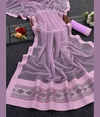 VEERAIVA Net Embroidered Saree With Unstitched Blouse Piece ( Purple )