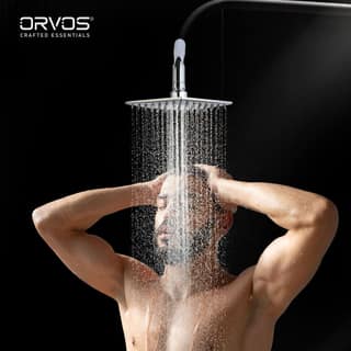 Orvos Overhead Shower, Kosi, modern curved design, with touch clean nozzles, Hiqh quality Stainless Steel, with salt tested chrome plating, 8x8 inches, for high end luxury bathrooms