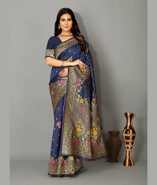 Indesa Banarasi Silk Woven Saree With Unstitched Blouse Piece ( Blue )