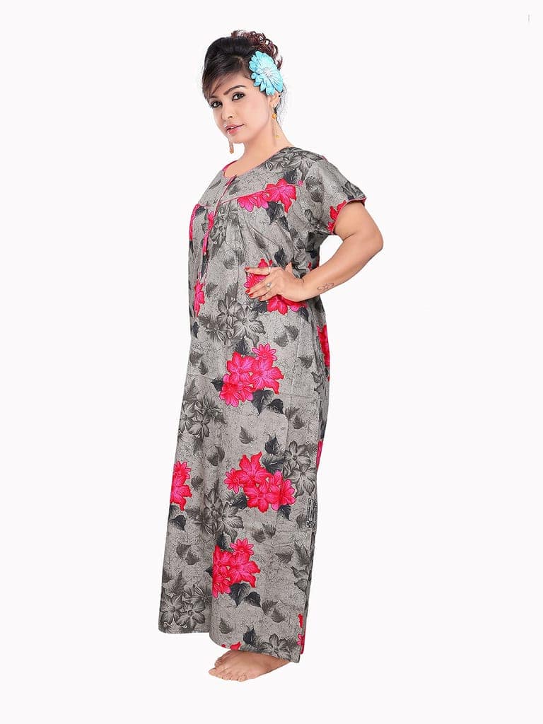 VALENCIA SLEEPWEAR Sleepwear Pure Cotton Printed Round Neck Nightgown Nighty with Pleades for Extra Comfort Grey view 2