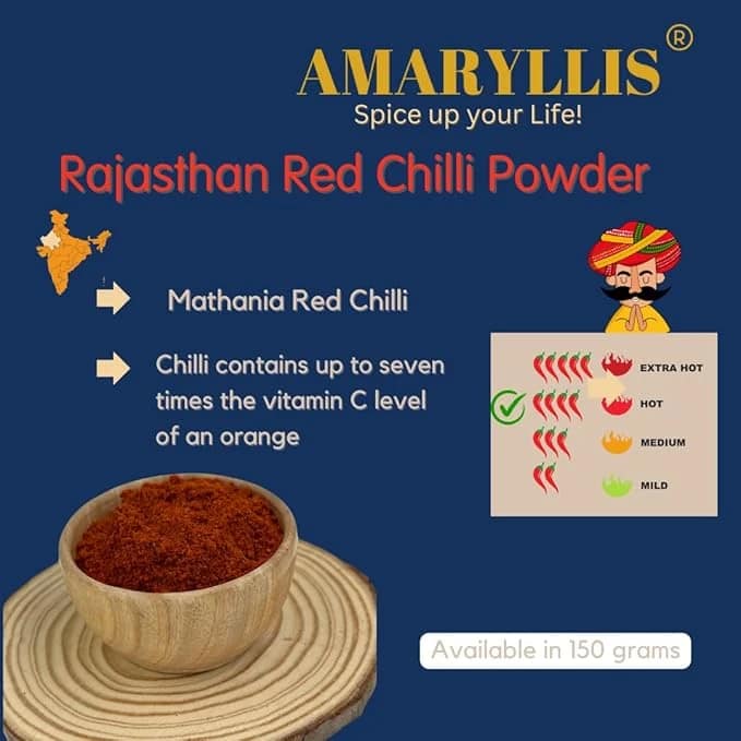 Amaryllis Mathania Red Chilli Powder 150g, Medium Hot, Naturally Sun Dried, Rich Red Colour & Authentic Flavour, Pack of 1 view 2