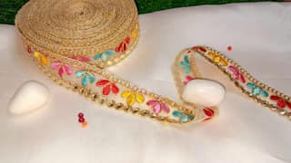 Golden Zari Lace with Multicolor Floral Embroidery