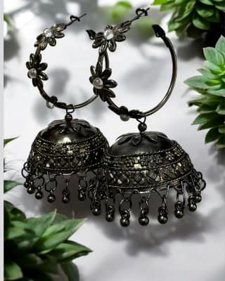Stylish Black Oxidised Big Jhumka Earrings for Women - Floral Ethnic Jewelry by Print Magical Gifts