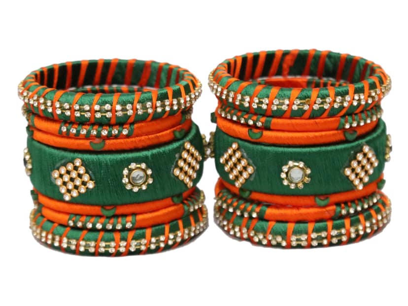 BENIWAL COLLECTION New Traditional Handmade Kundan Silk Thread Bangles Set ,Latest Beautiful Churiya for Ladies and girls Party and Casual Wear GREEN & Orange (Set of 14)