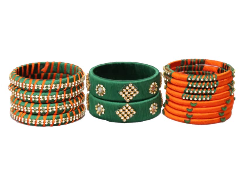 BENIWAL COLLECTION New Traditional Handmade Kundan Silk Thread Bangles Set ,Latest Beautiful Churiya for Ladies and girls Party and Casual Wear GREEN & Orange (Set of 14) view 2