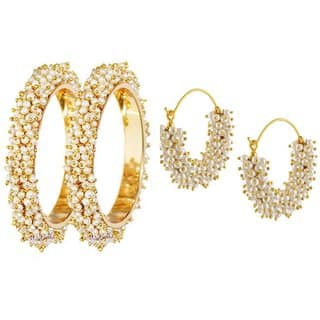 Combo of Pearl Cluster All Occassion 2.4 inch Bangle Set with Earrings