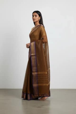 Handwoven Kanchipuram Cotton-Silk Saree in Coffee Brown with Zari Buttas