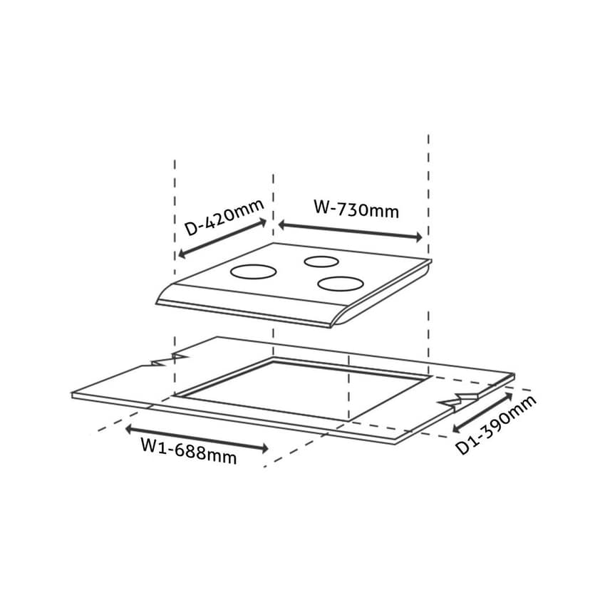 3 Burner Glass Gas Hob Top with Total Double Ring Brass Burner (BH1073SQHTTDB) view 2