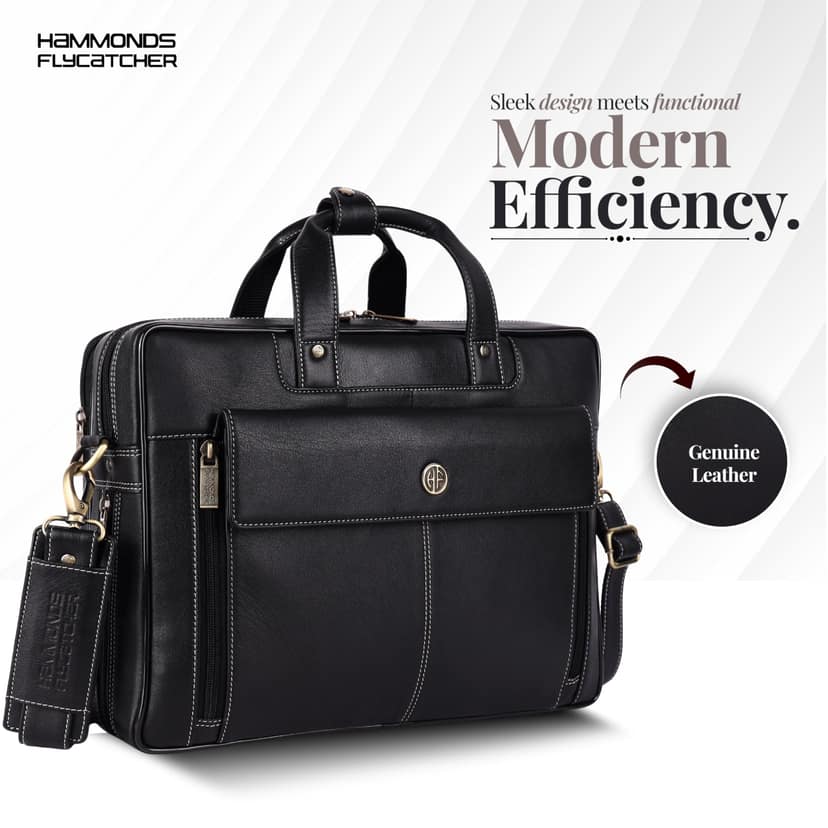 HAMMONDS FLYCATCHER Genuine Leather Office Bag for Men, 15.6" Professional Leather Laptop Bag for Men for Office, Travel, Daily Use, Adjustable Strap & Multi Compartments, 1 Year Warranty - Onyx Black HAMMONDS FLYCATCHER Genuine Leather Office Bag for Me view 2