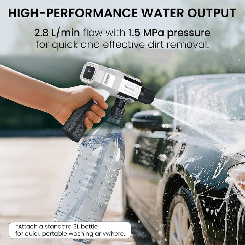 Portronics Torque X Foldable Pressure Washer Gun with 5 Spray Nozzle Rechargeable & Cordless, 5-in-1 Rotating Nozzle, 1.5MPa Water Pressure, High Speed Motor, Dual 4000mAh Batteries, Type-C Rechargeable, Portable & Foldable Car & Bike Washer - Black view 2