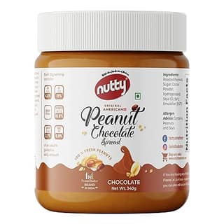 Nutty Peanut Chocolate Spread Creamy 340g, 100% Non-GMO, Vegan, Source of Protein & Dietary Fibre Food, 0% Trans-Fat, No preservatives, Flavored Peanut Butter Spread