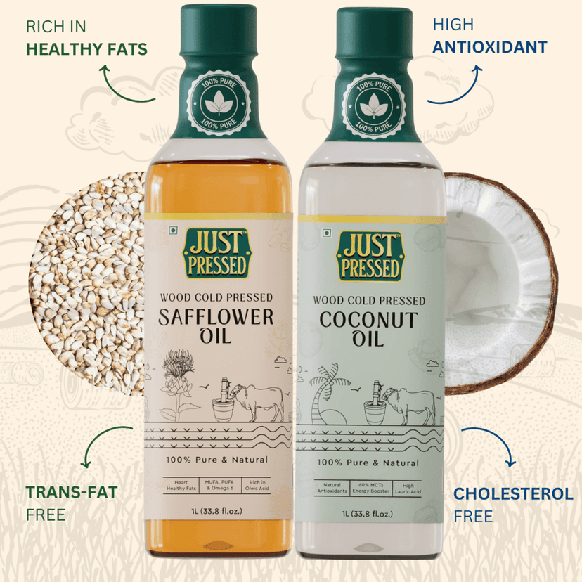 Just Pressed Safflower Coconut 1L each Combo: 100% Pure Safflower Kusum Saffola Oil & Coconut Oil view 2