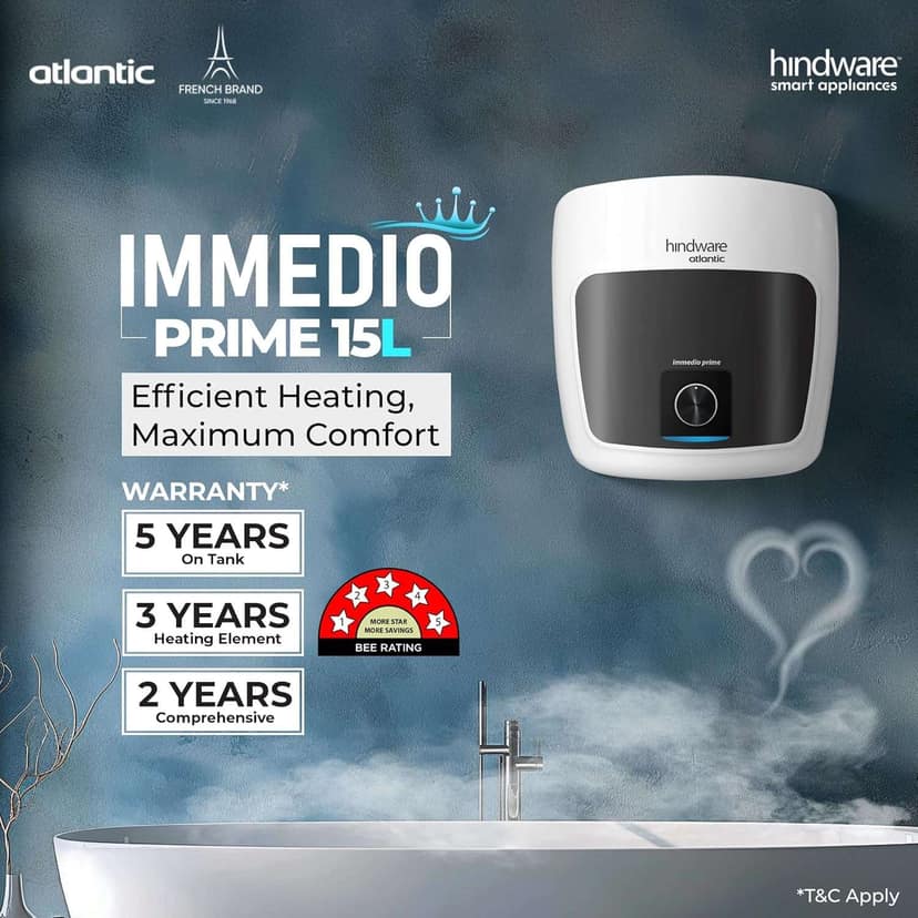 Hindware Smart Appliances Immedio Prime 15L Storage Water Geyser, 5 Star BEE Energy Rating, Glassline Tanked, Temperature Control Knob - White & Black view 2