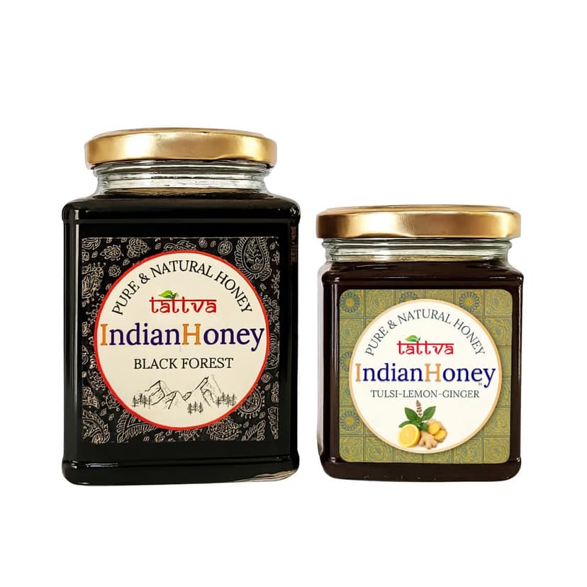 IndianHoney Black Forest (Honeydew) Honey & Warming & Anti-Inflammatory Ginger Infused Honey Combo Pack (500gm & 230gm) Black Forest & Tulsi Lemon Ginger