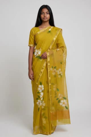 Lemon Yellow Kota Doria Silk Cotton Saree with Golden Woven Border
