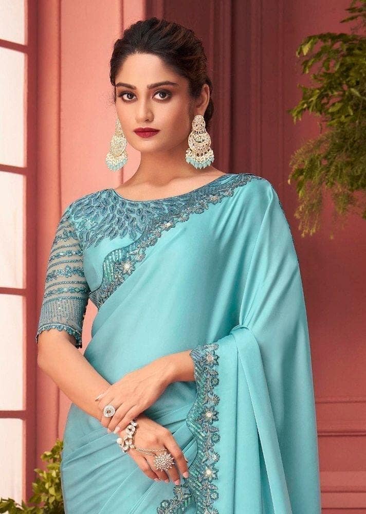 Embroidered Border Satin Georgette Scalloped Saree in Light Blue view 2