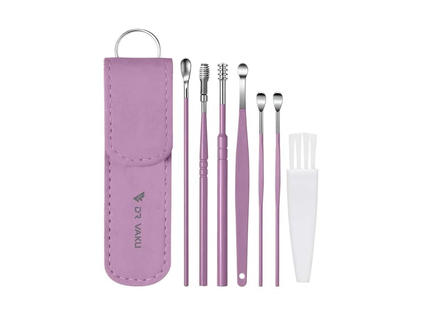 Dr Vaku Reusable EarWax Removal Cleaning Tool Kit (Set of 7) Stainless Steel With Storage Case - Purple