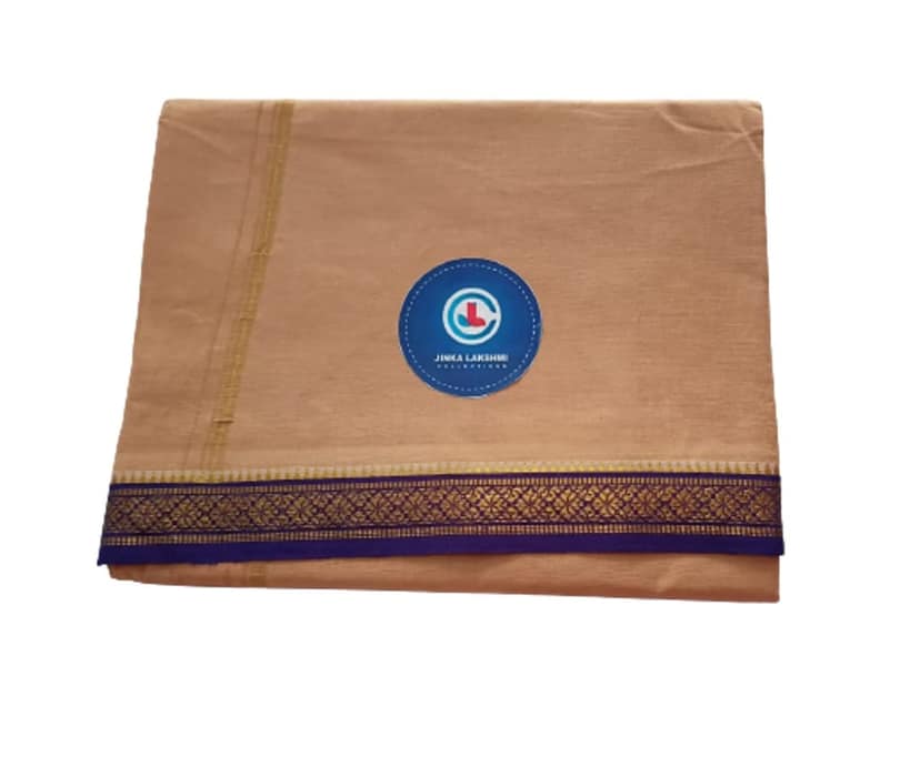 Jinka Lakshmi Collections 100% Handloom Biege Color Cotton Dhoti With Zari Border Up and Down 4 Meters Unstitched Pack of 2 (Multicolor-09) view 2