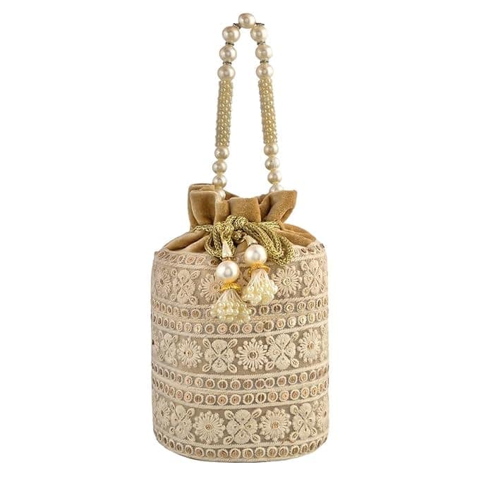 <title>Exquisite Cream Potli Bag with Pearl Handle and Embroidery for Women</title>