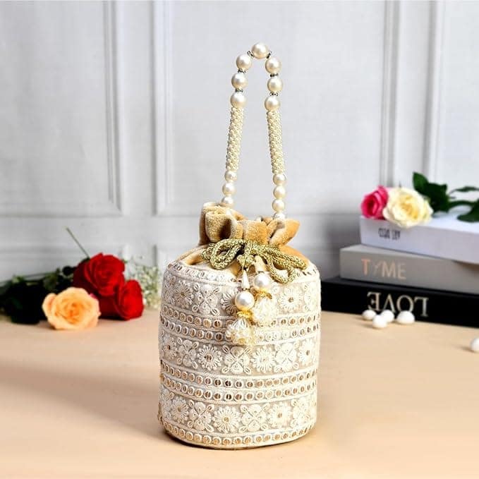 <title>Exquisite Cream Potli Bag with Pearl Handle and Embroidery for Women</title> view 2