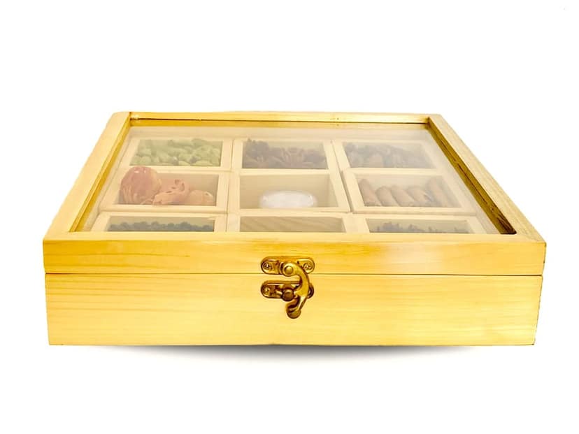 Kusha Exotic Wooden Gift Box � Premium Whole Cardamom, Cloves, Pepper, Nutmeg, Mace, Cinnamon, Star Anise & Saffron | Gourmet Gift Set (9 Items) view 2