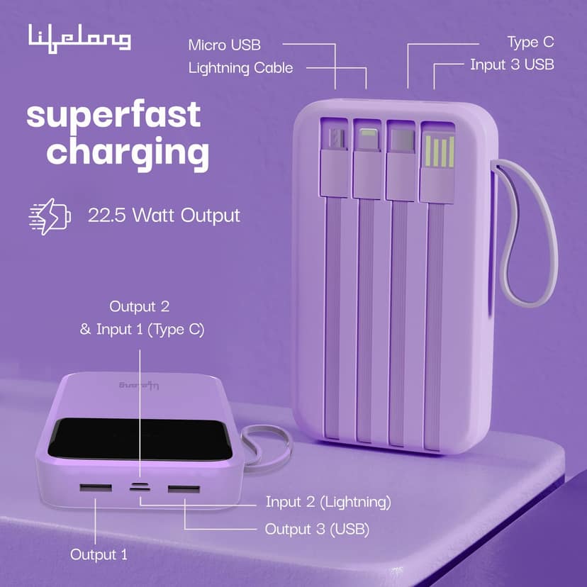 Lifelong Electronics 20000mAh 22.5W Fast Charging Power Bank | 3 Inputs (1 Built-in USB A Cable + 1 C + 1 Lightning Port) & 6 Outputs (3 Built-in Cables + 1 C + 2 A Port) | Small Pocket Size Powerbank Lifelong Electronics 20000mAh 22.5W Fast Charging Pow view 2