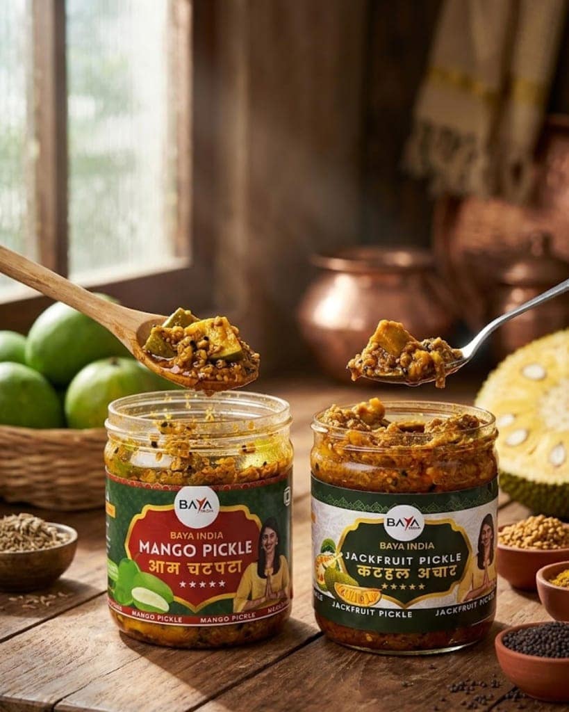Baya India Mango & Jackfruit Pickle Combo | Homemade Aam aur Kathal ka Achar | Tangy & Flavorful Pickle | Made with Mustard Oil | No Added Preservatives | No Garlic No Onion | 350g each view 2