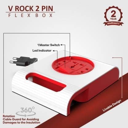 Fybros Square 2 Pin Extension Flex Box 5 Meter Power Cable with Indicator 3 Socket Extension Boards (White, Red, 5 m) view 2