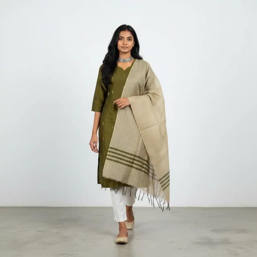 Mangalagiri Raw Silk Kurti with Zari-Check Dupatta in Olive Green and Beige